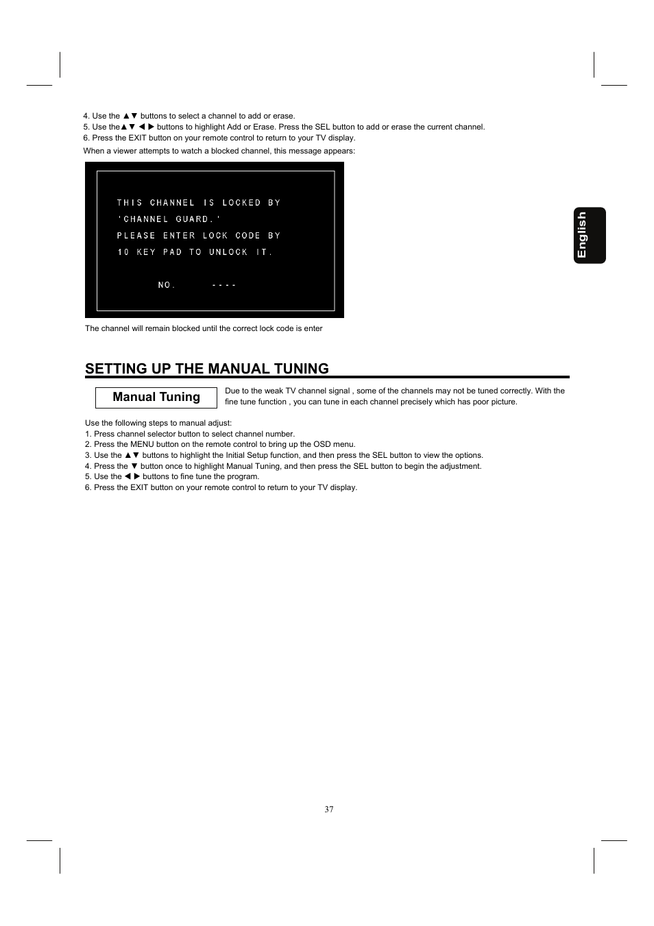 Setting up the manual tuning, Manual tuning | Hitachi 32HDL52 User Manual | Page 39 / 53