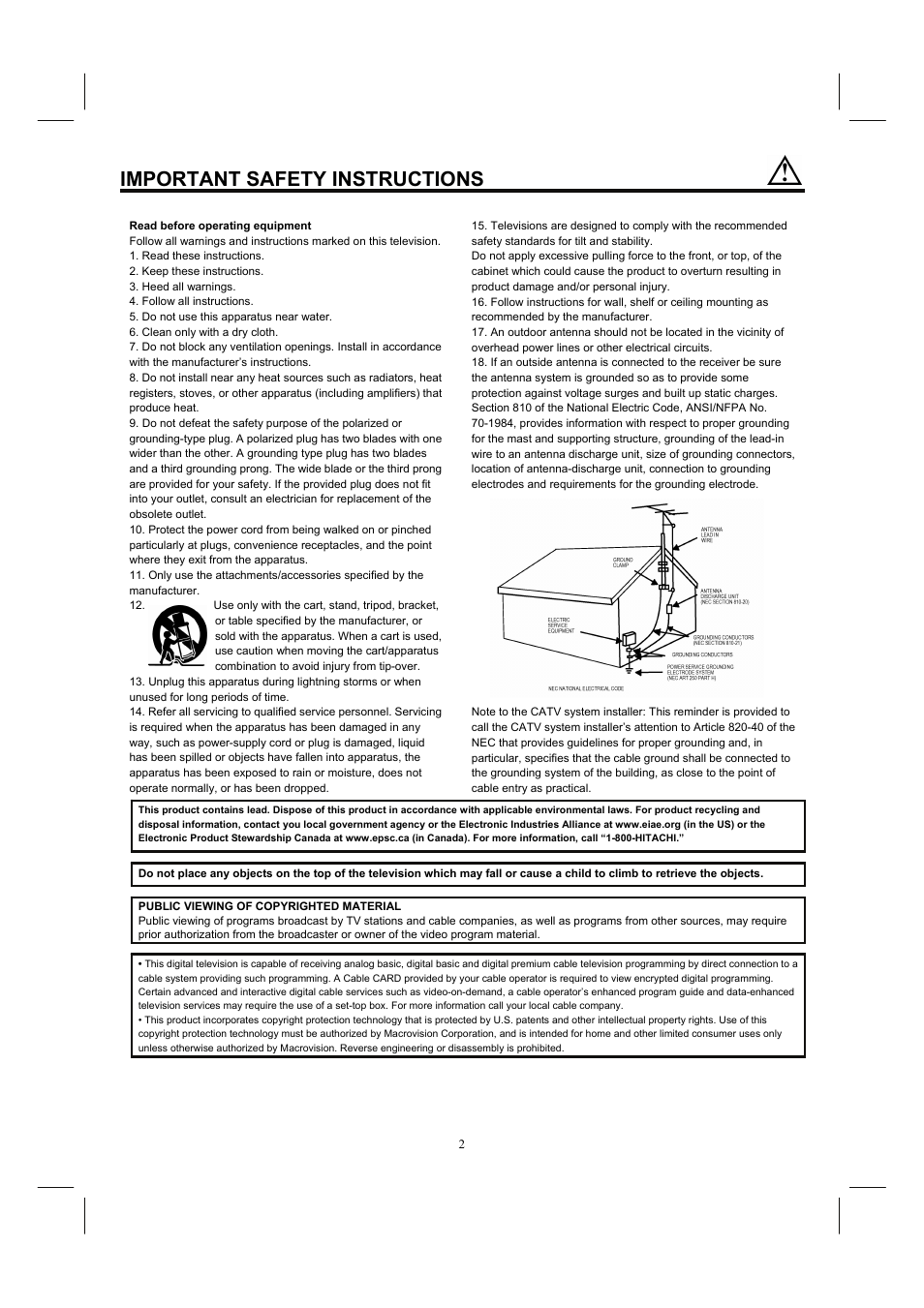 Important safety instructions | Hitachi 32HDL52 User Manual | Page 4 / 53