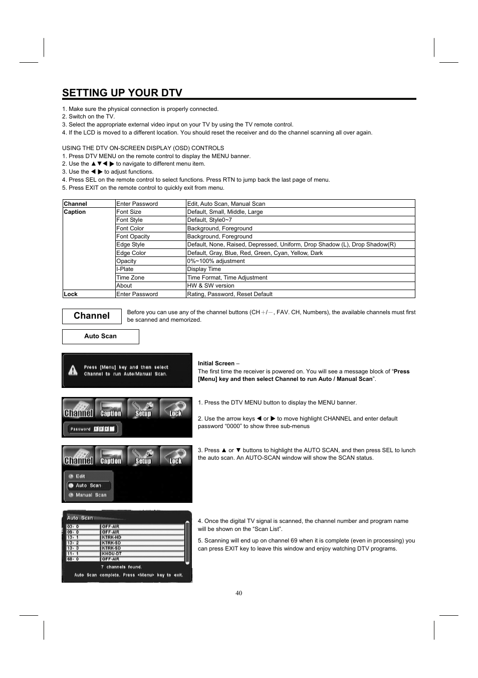 Setting up your dtv, Channel | Hitachi 32HDL52 User Manual | Page 42 / 53