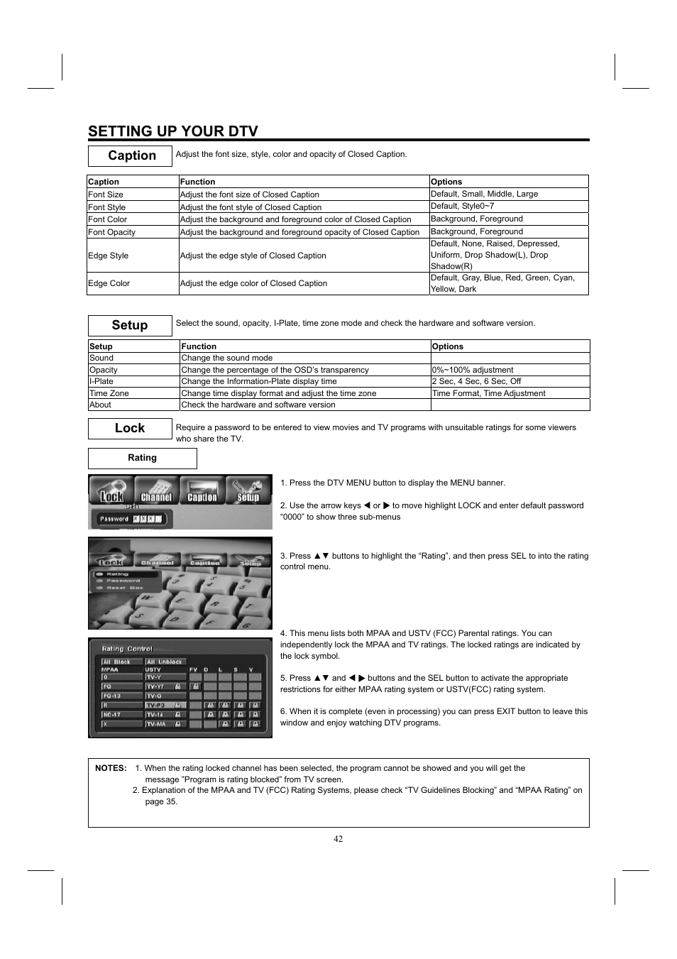 Setting up your dtv, Caption setup lock | Hitachi 32HDL52 User Manual | Page 44 / 53