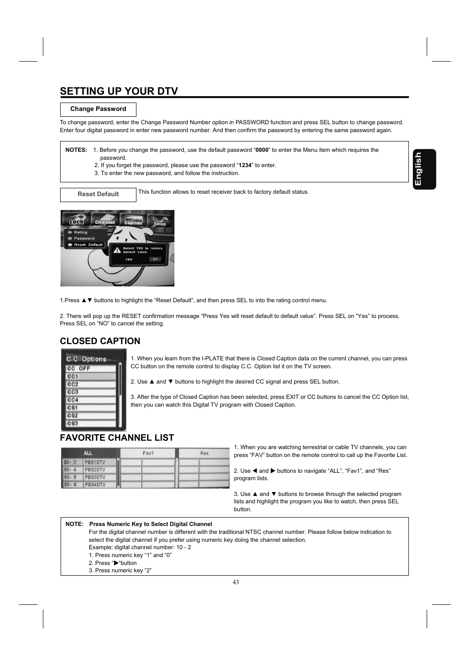 Setting up your dtv, Closed caption, Favorite channel list | Hitachi 32HDL52 User Manual | Page 45 / 53