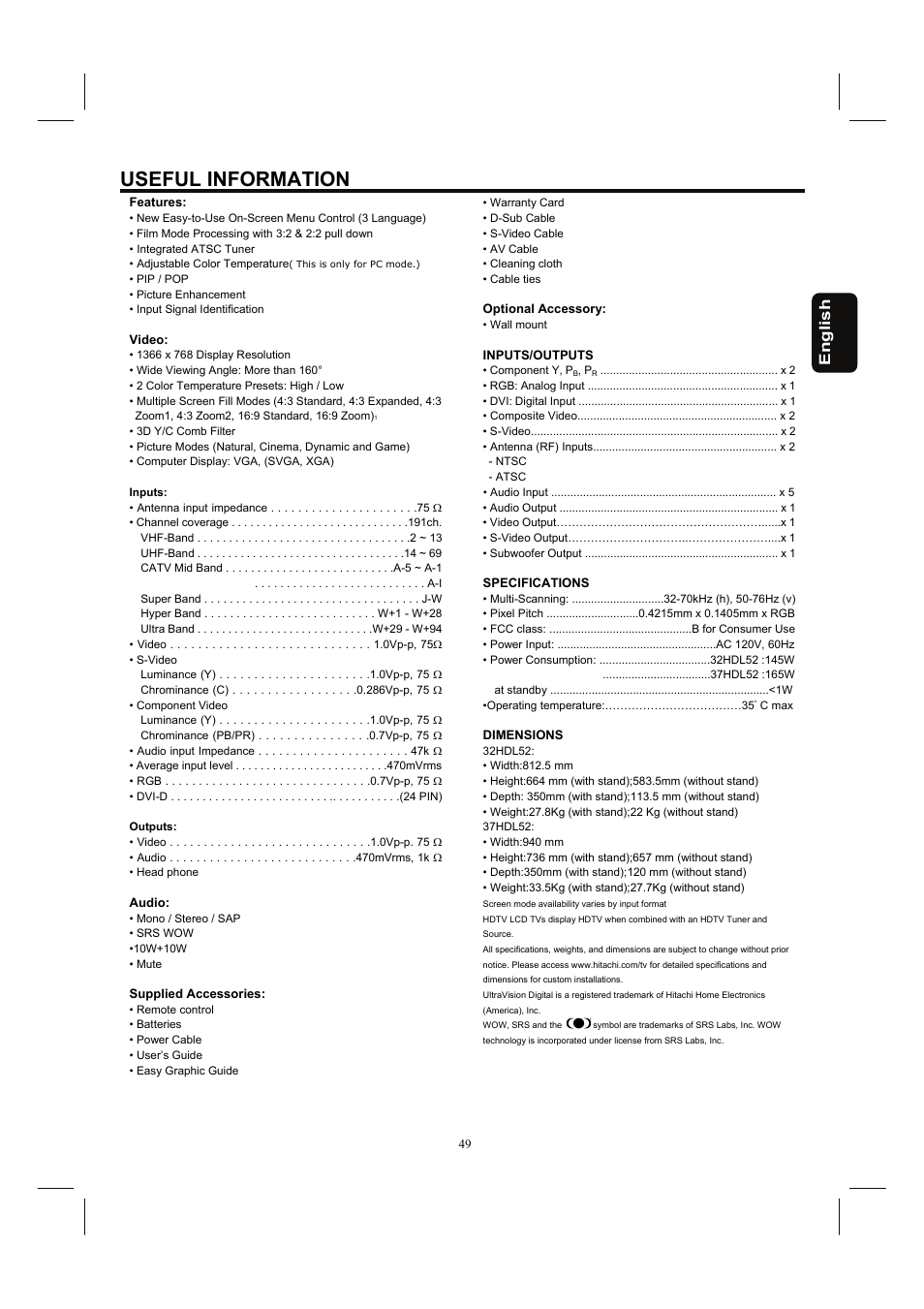 Useful information, English | Hitachi 32HDL52 User Manual | Page 51 / 53