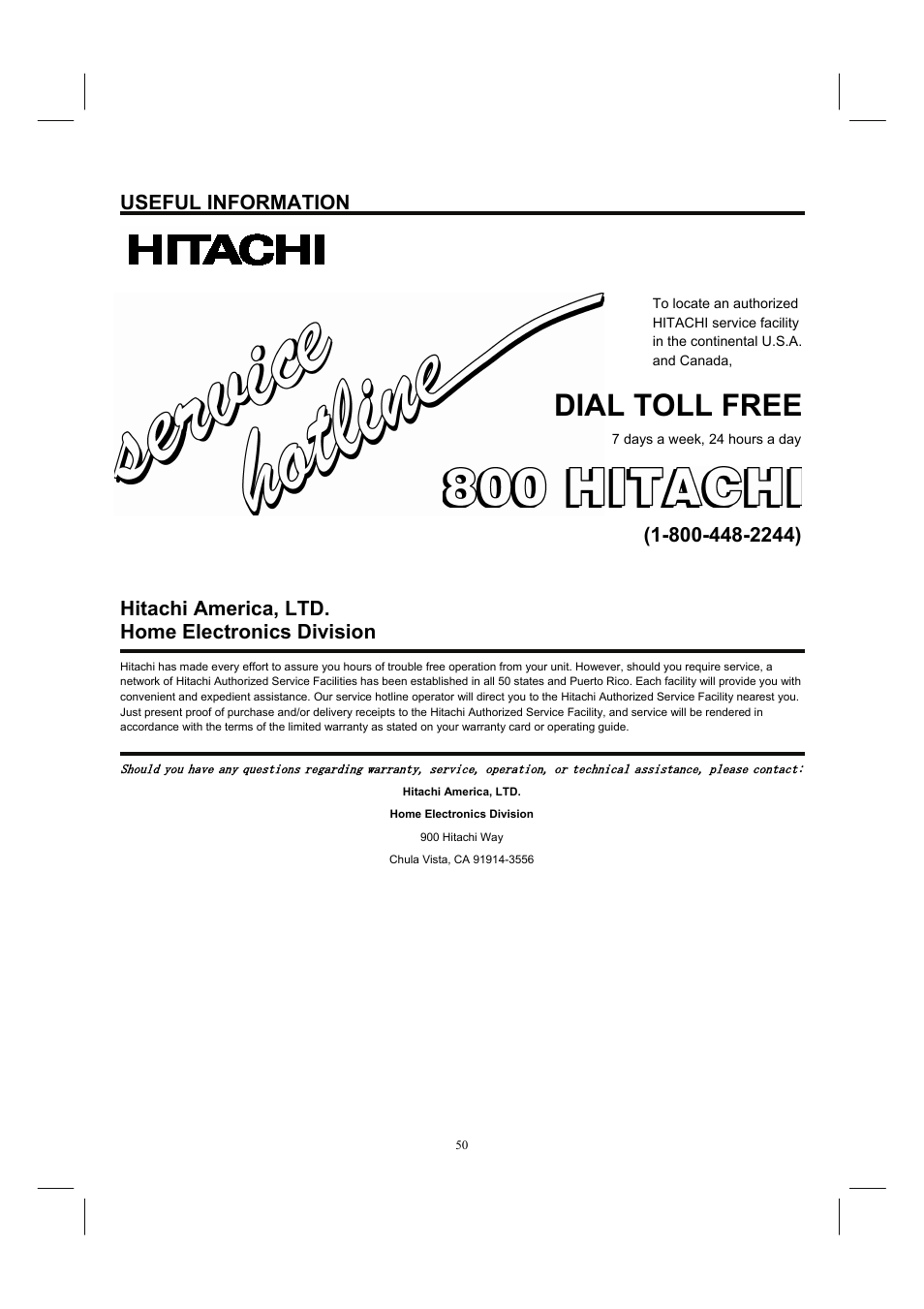 Dial toll free, Useful information, Hitachi america, ltd. home electronics division | Hitachi 32HDL52 User Manual | Page 52 / 53