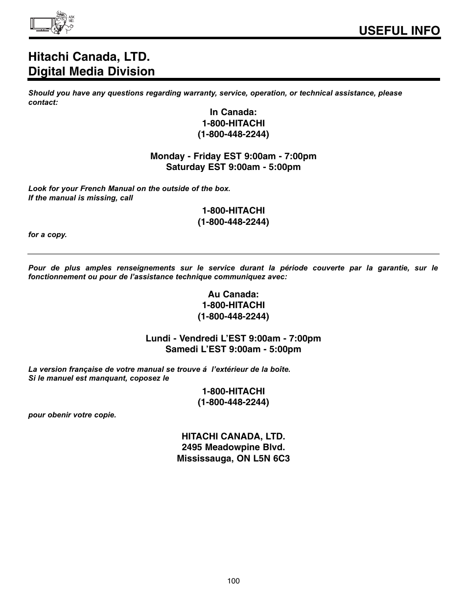 Useful info, Hitachi canada, ltd. digital media division | Hitachi 32HLX61 User Manual | Page 100 / 104