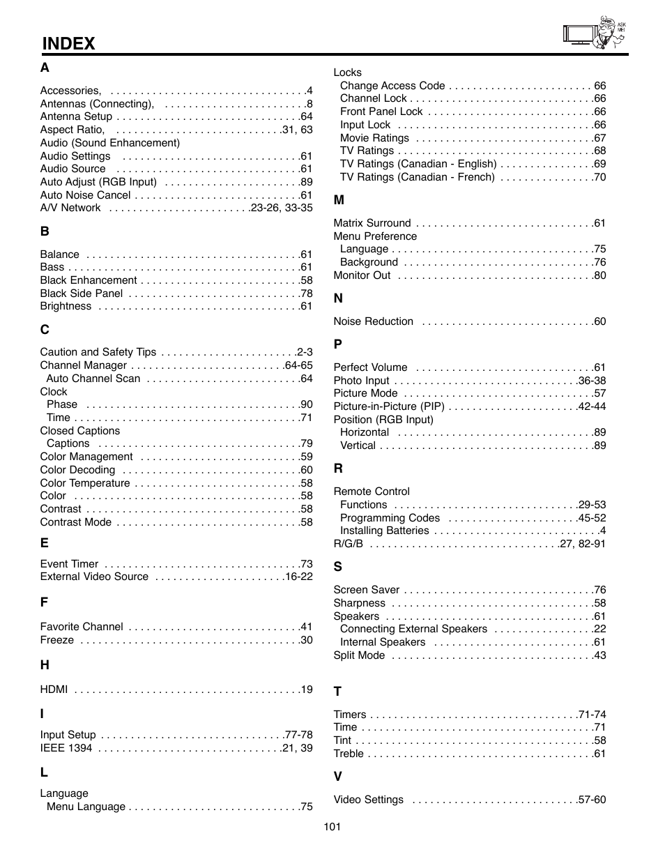 Index | Hitachi 32HLX61 User Manual | Page 101 / 104