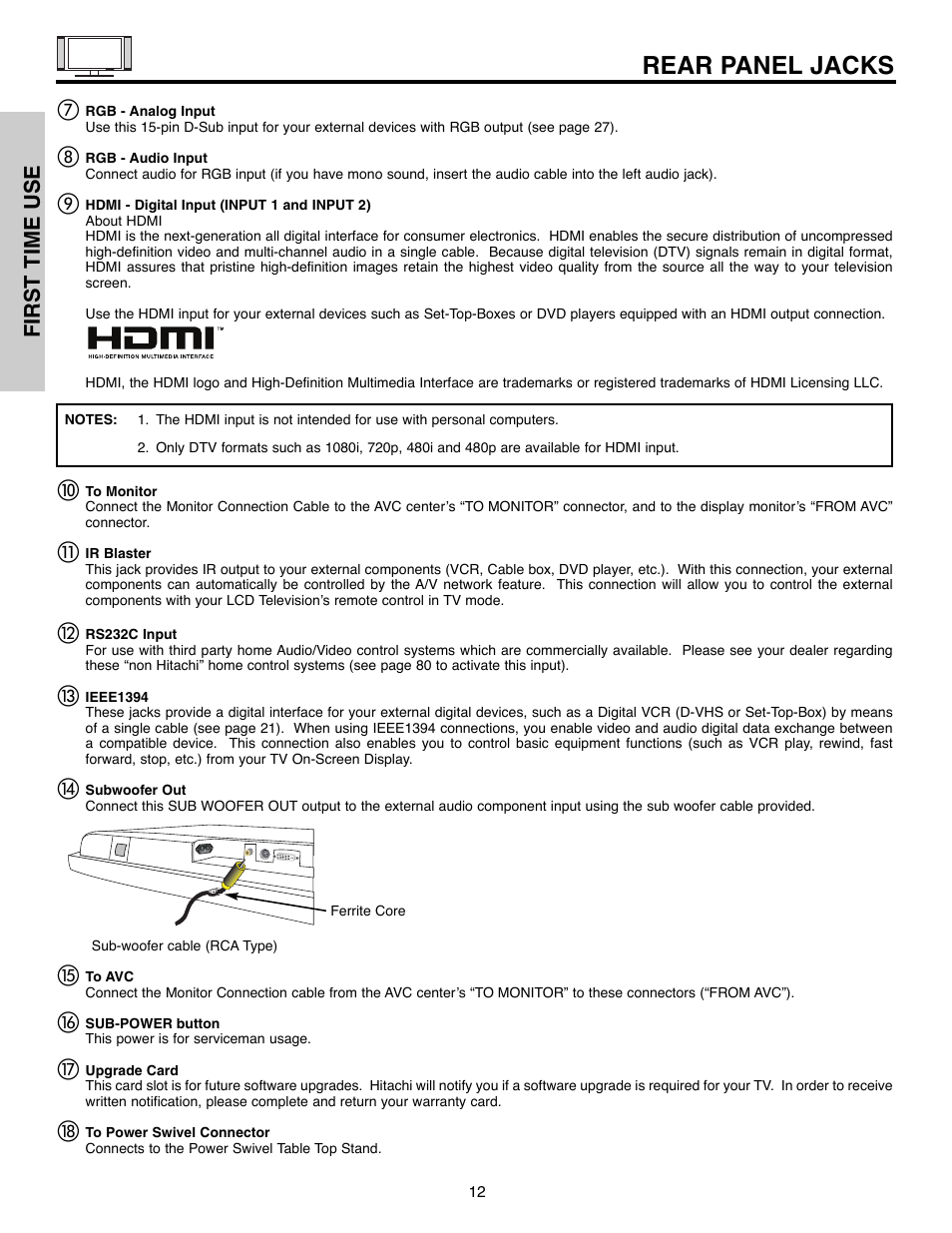 Rear panel jacks, First time use | Hitachi 32HLX61 User Manual | Page 12 / 104
