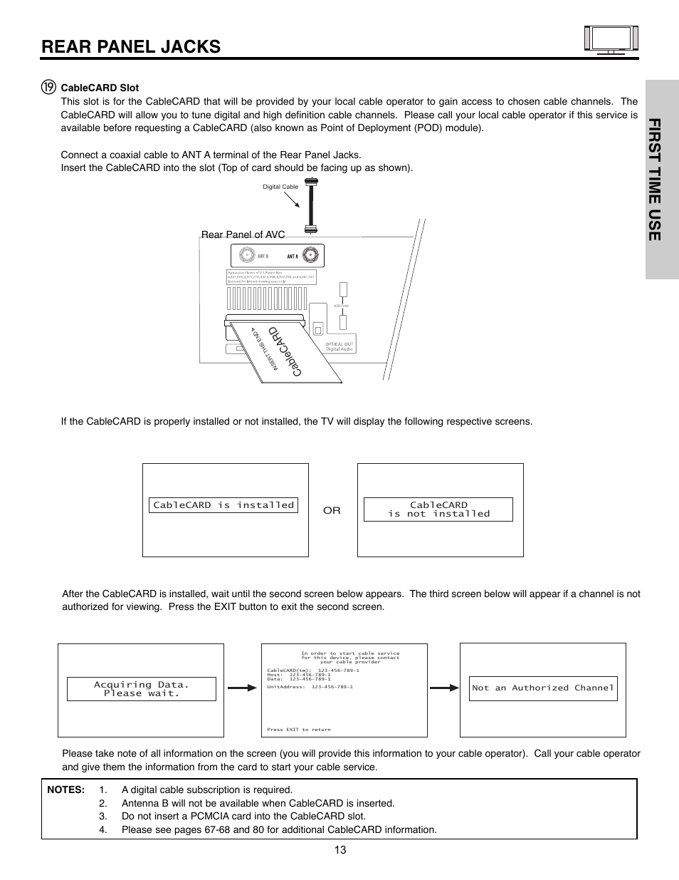 Rear panel jacks, First time use | Hitachi 32HLX61 User Manual | Page 13 / 104
