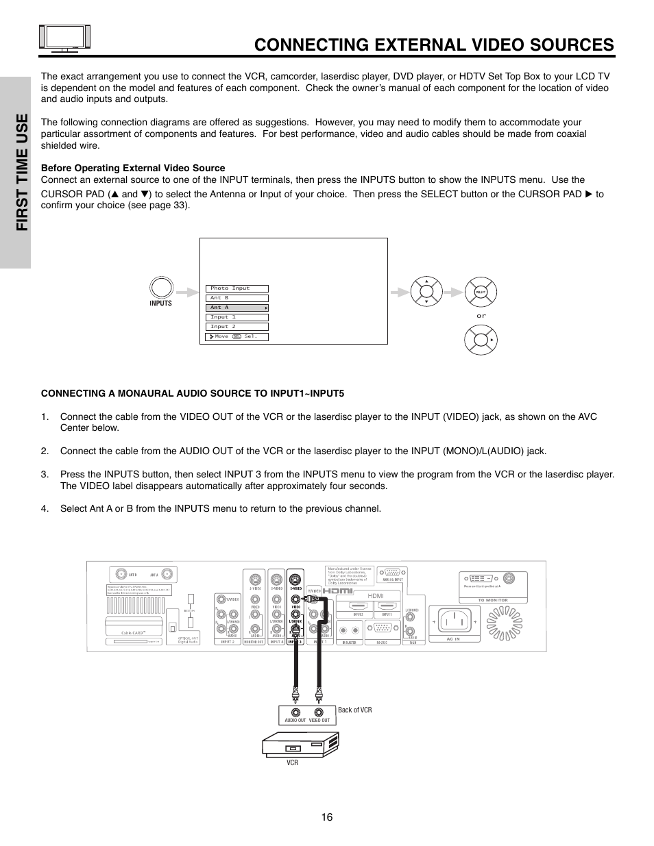 Connecting external video sources, First time use | Hitachi 32HLX61 User Manual | Page 16 / 104
