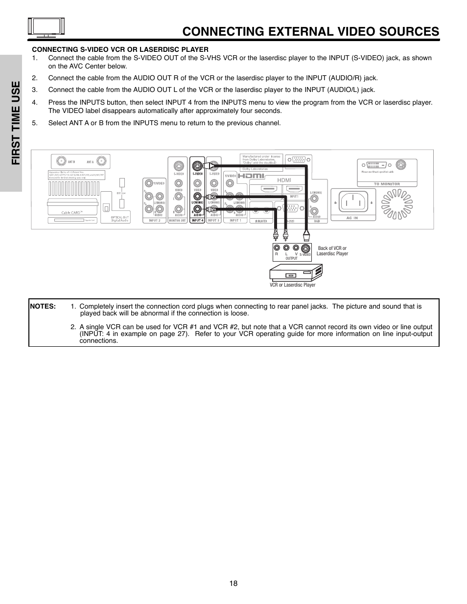 Connecting external video sources, First time use | Hitachi 32HLX61 User Manual | Page 18 / 104