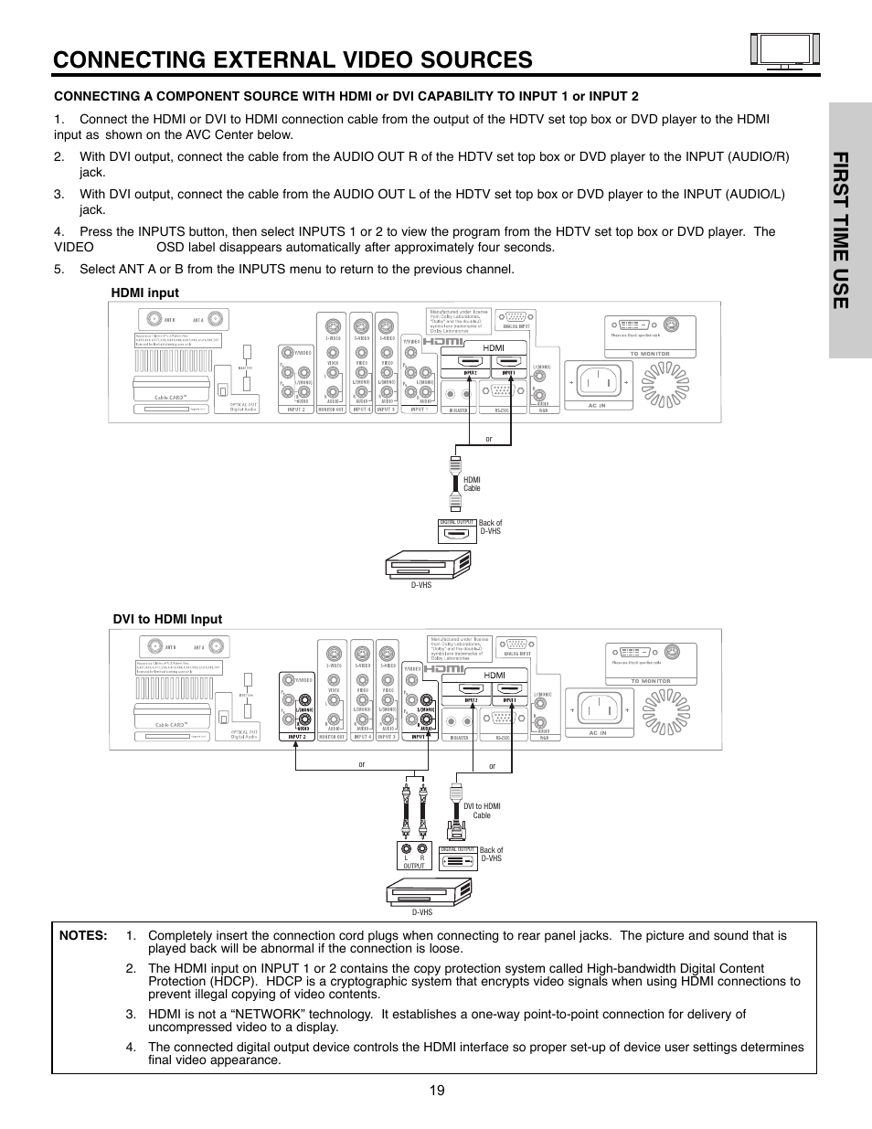 Connecting external video sources, First time use | Hitachi 32HLX61 User Manual | Page 19 / 104