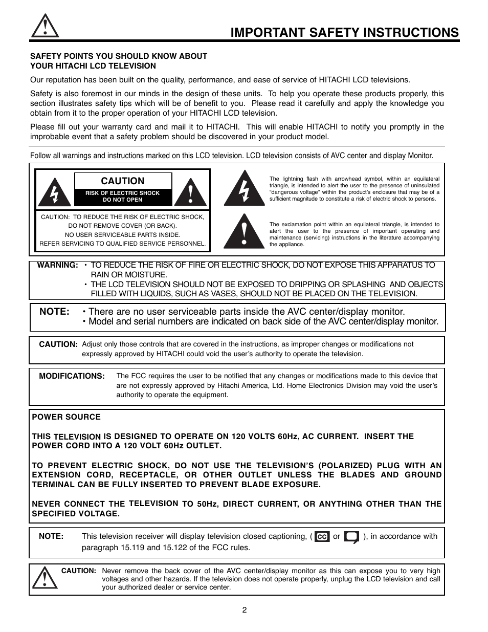 Important safety instructions, Caution | Hitachi 32HLX61 User Manual | Page 2 / 104