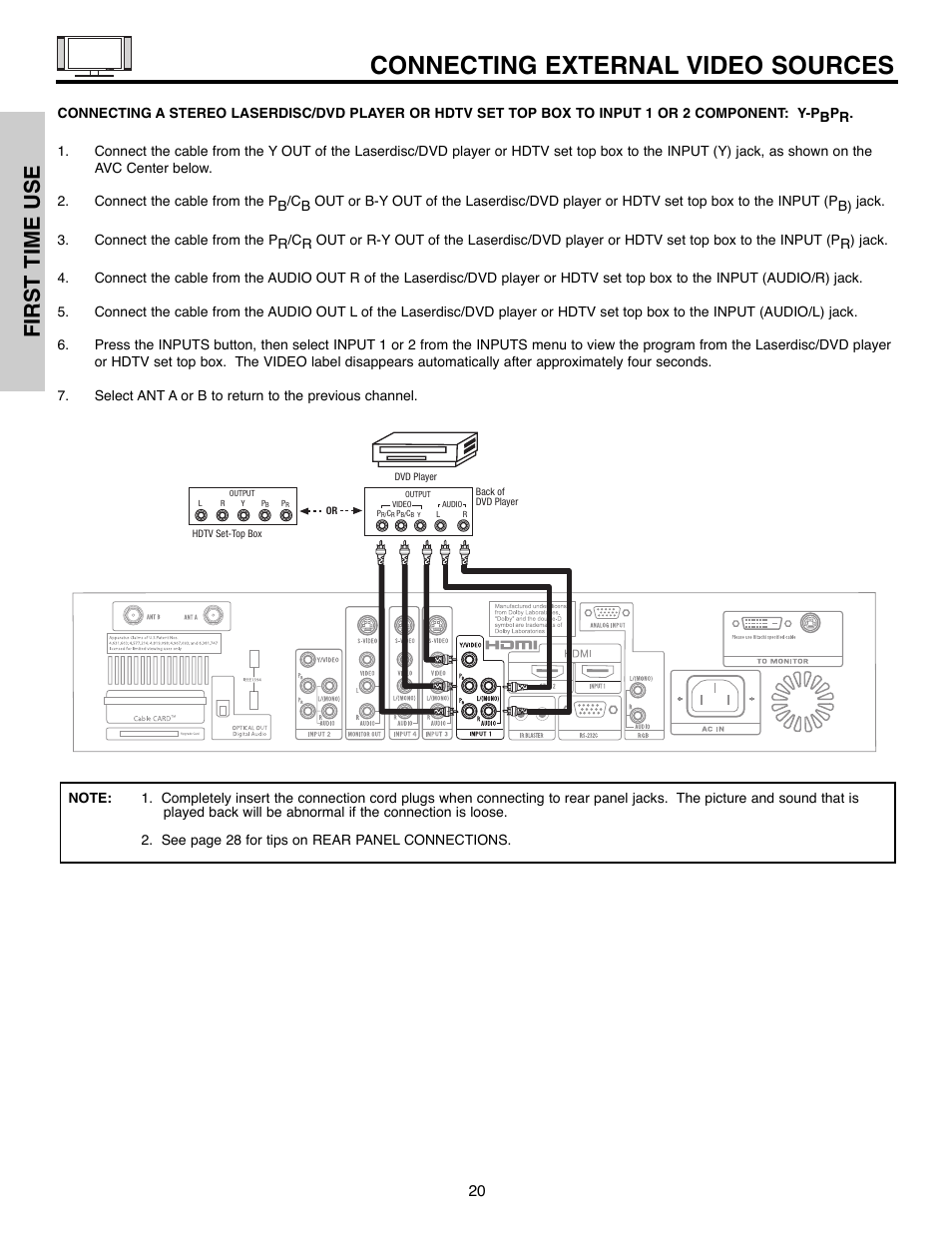 Connecting external video sources, First time use | Hitachi 32HLX61 User Manual | Page 20 / 104