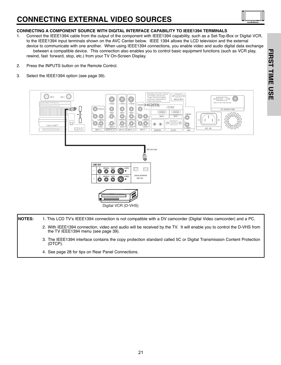 Connecting external video sources, First time use | Hitachi 32HLX61 User Manual | Page 21 / 104
