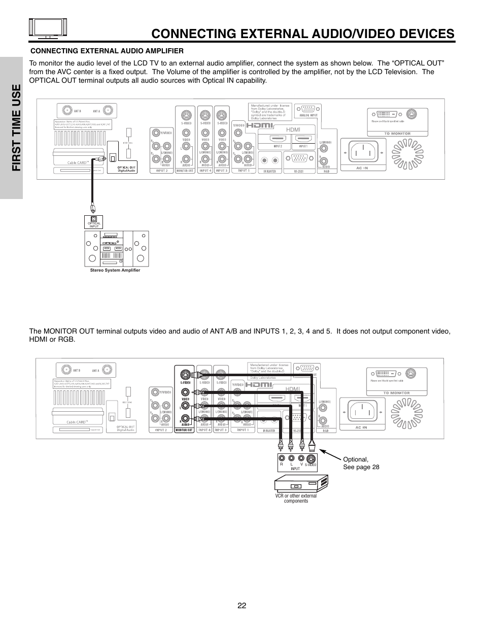 Connecting external audio/video devices, First time use | Hitachi 32HLX61 User Manual | Page 22 / 104