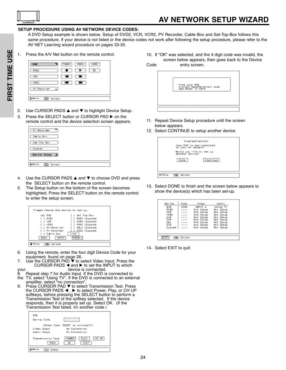 Av network setup wizard, First time use | Hitachi 32HLX61 User Manual | Page 24 / 104