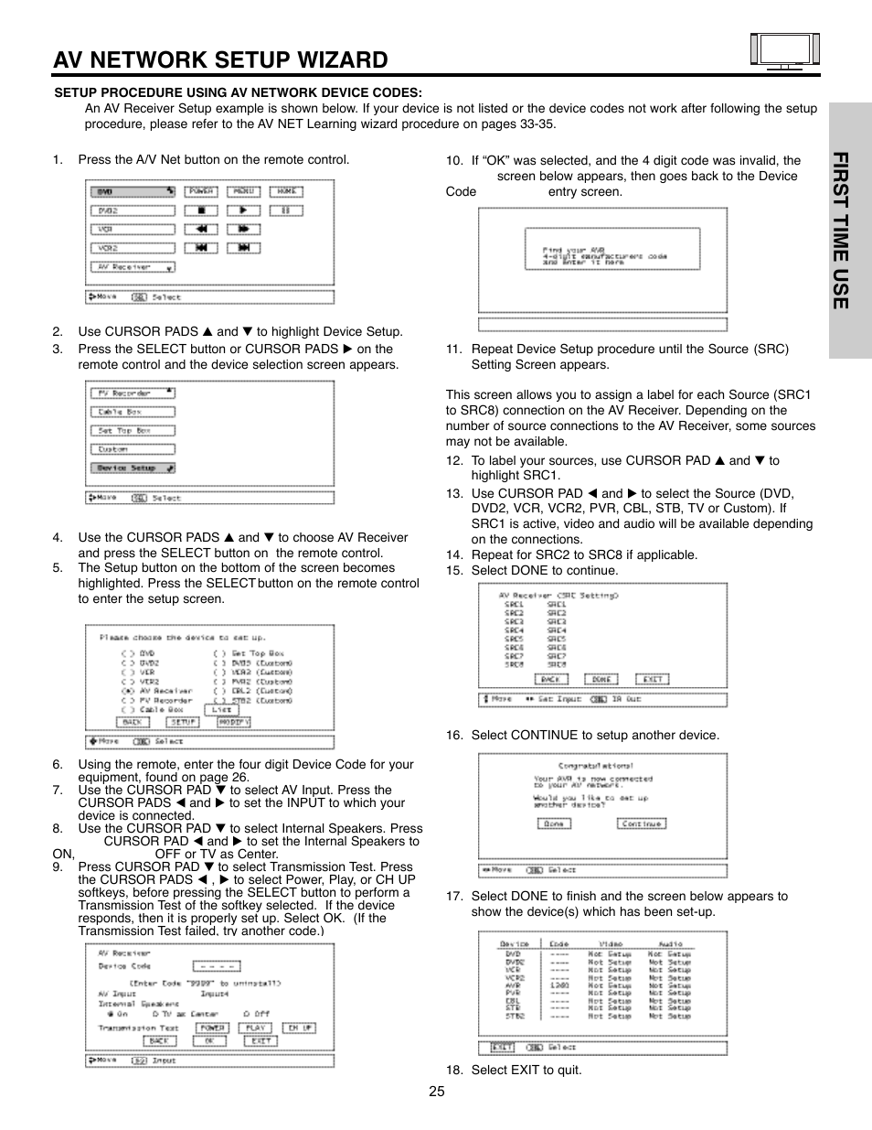 Av network setup wizard, First time use | Hitachi 32HLX61 User Manual | Page 25 / 104