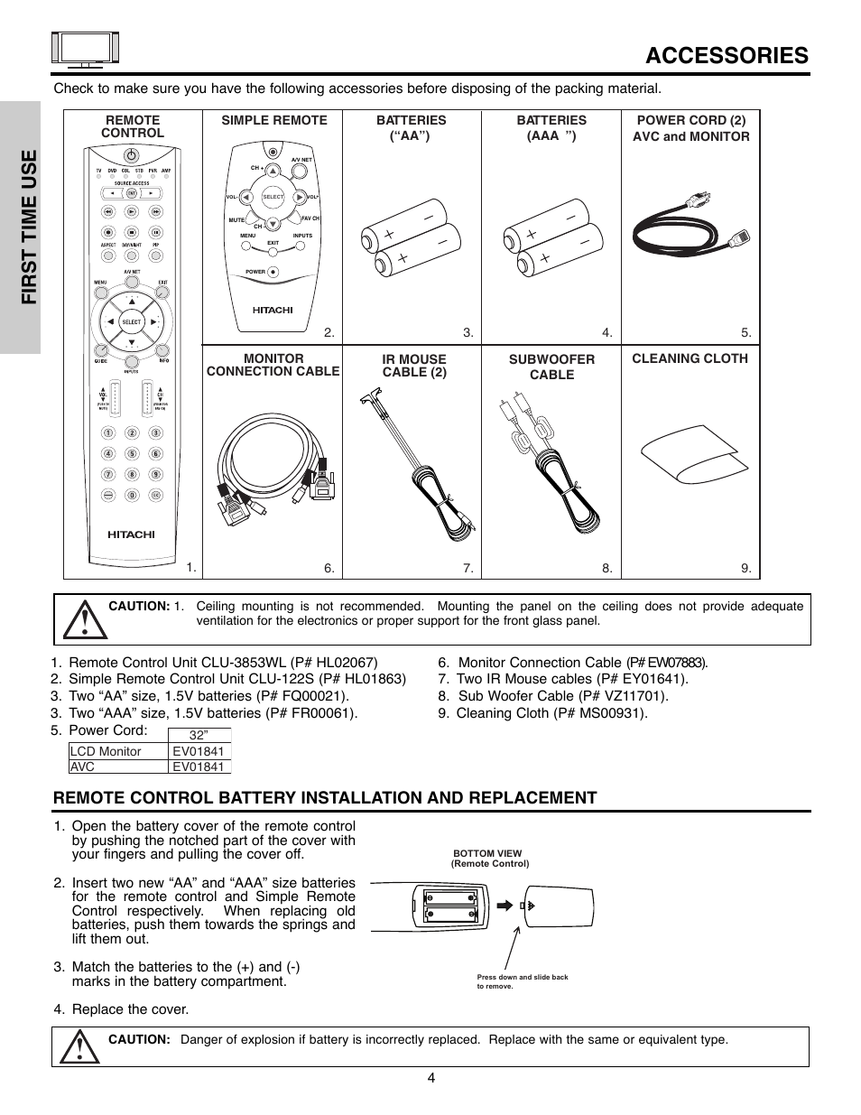 Accessories, First time use | Hitachi 32HLX61 User Manual | Page 4 / 104
