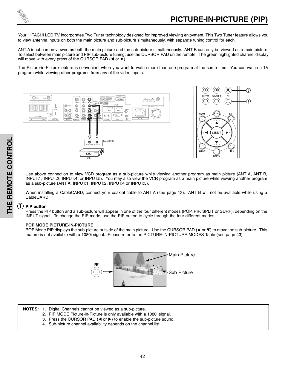 Picture-in-picture (pip), The remote control | Hitachi 32HLX61 User Manual | Page 42 / 104