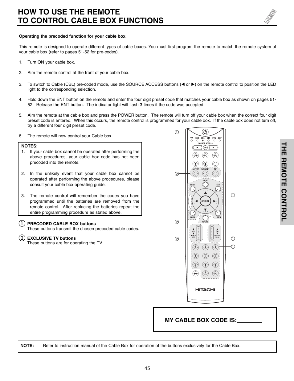 The remote control, My cable box code is | Hitachi 32HLX61 User Manual | Page 45 / 104