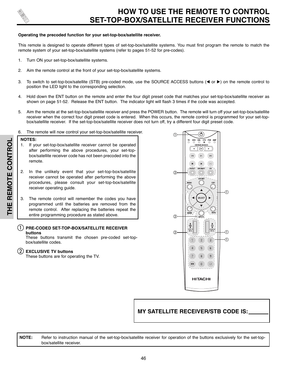 The remote control, My satellite receiver/stb code is | Hitachi 32HLX61 User Manual | Page 46 / 104