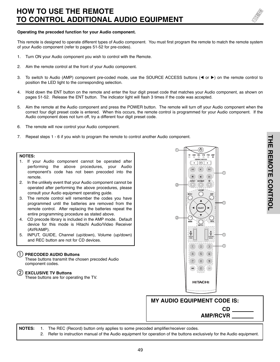The remote control, My audio equipment code is, Cd amp/rcvr | Hitachi 32HLX61 User Manual | Page 49 / 104