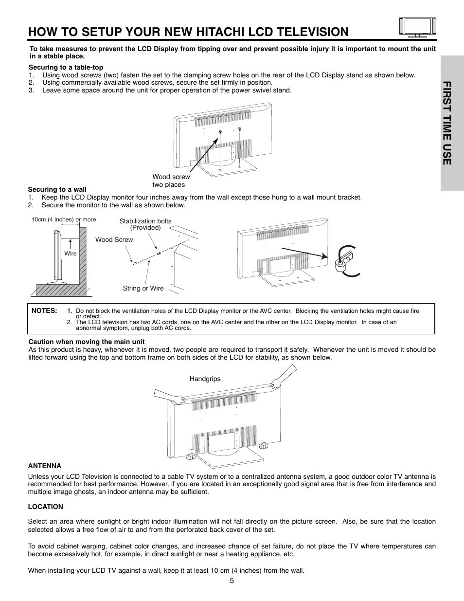 How to setup your new hitachi lcd television, First time use | Hitachi 32HLX61 User Manual | Page 5 / 104