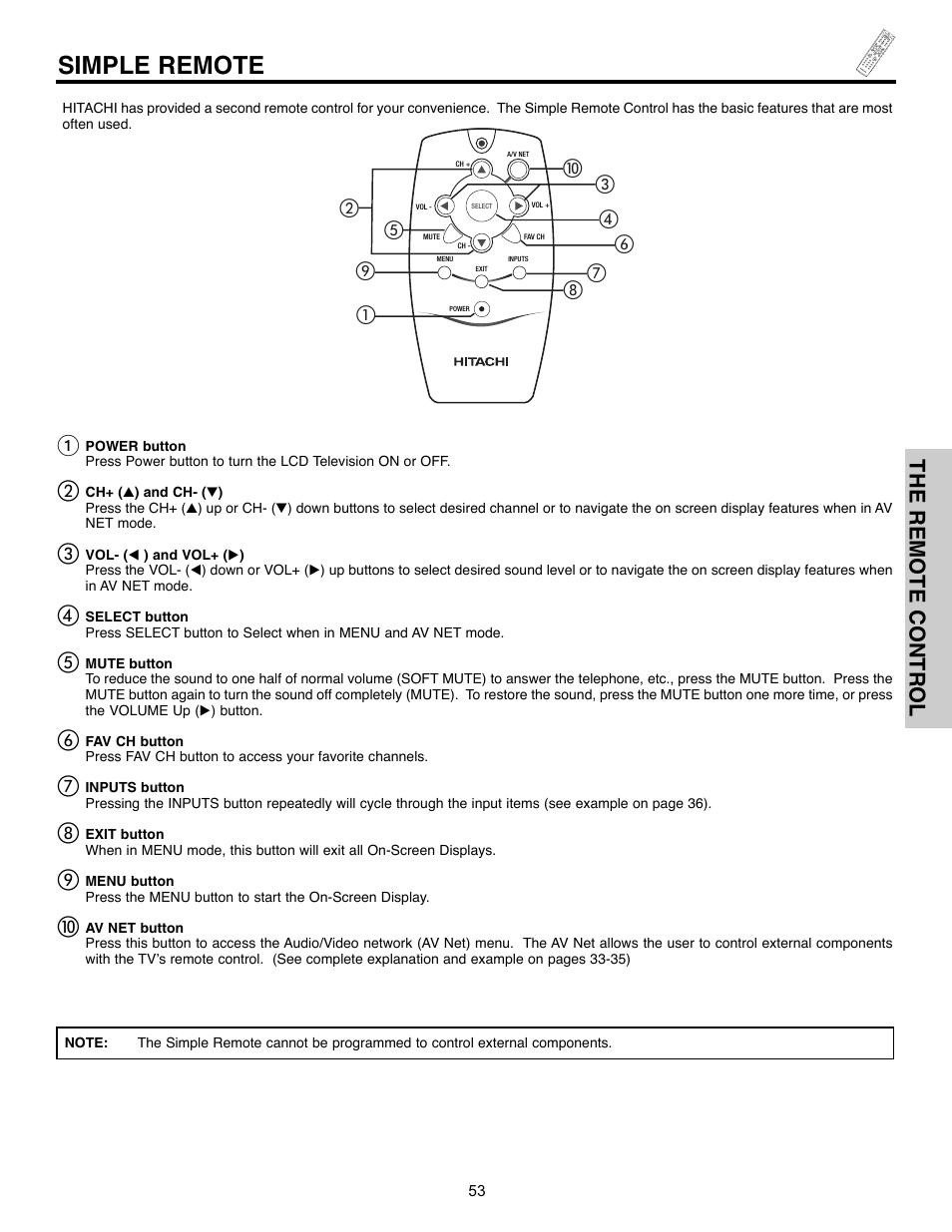 Simple remote, The remote control | Hitachi 32HLX61 User Manual | Page 53 / 104
