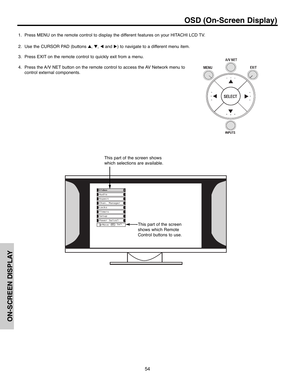 Osd (on-screen display), On-screen displa y | Hitachi 32HLX61 User Manual | Page 54 / 104