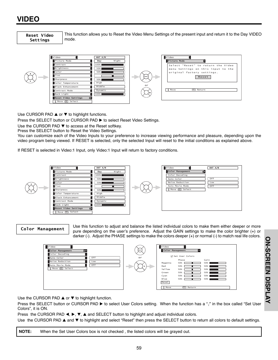 Video, On-screen displa y | Hitachi 32HLX61 User Manual | Page 59 / 104