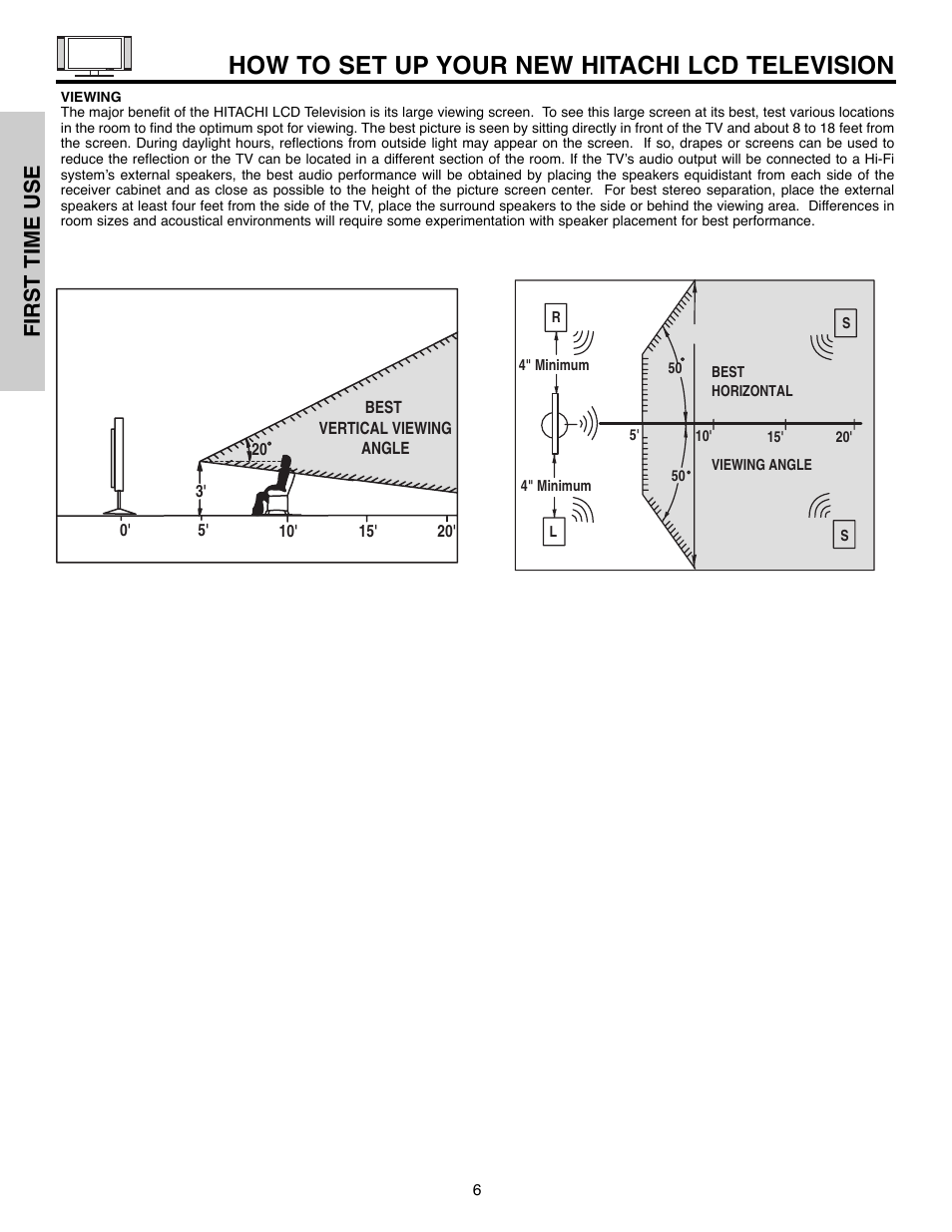 How to set up your new hitachi lcd television, First time use | Hitachi 32HLX61 User Manual | Page 6 / 104