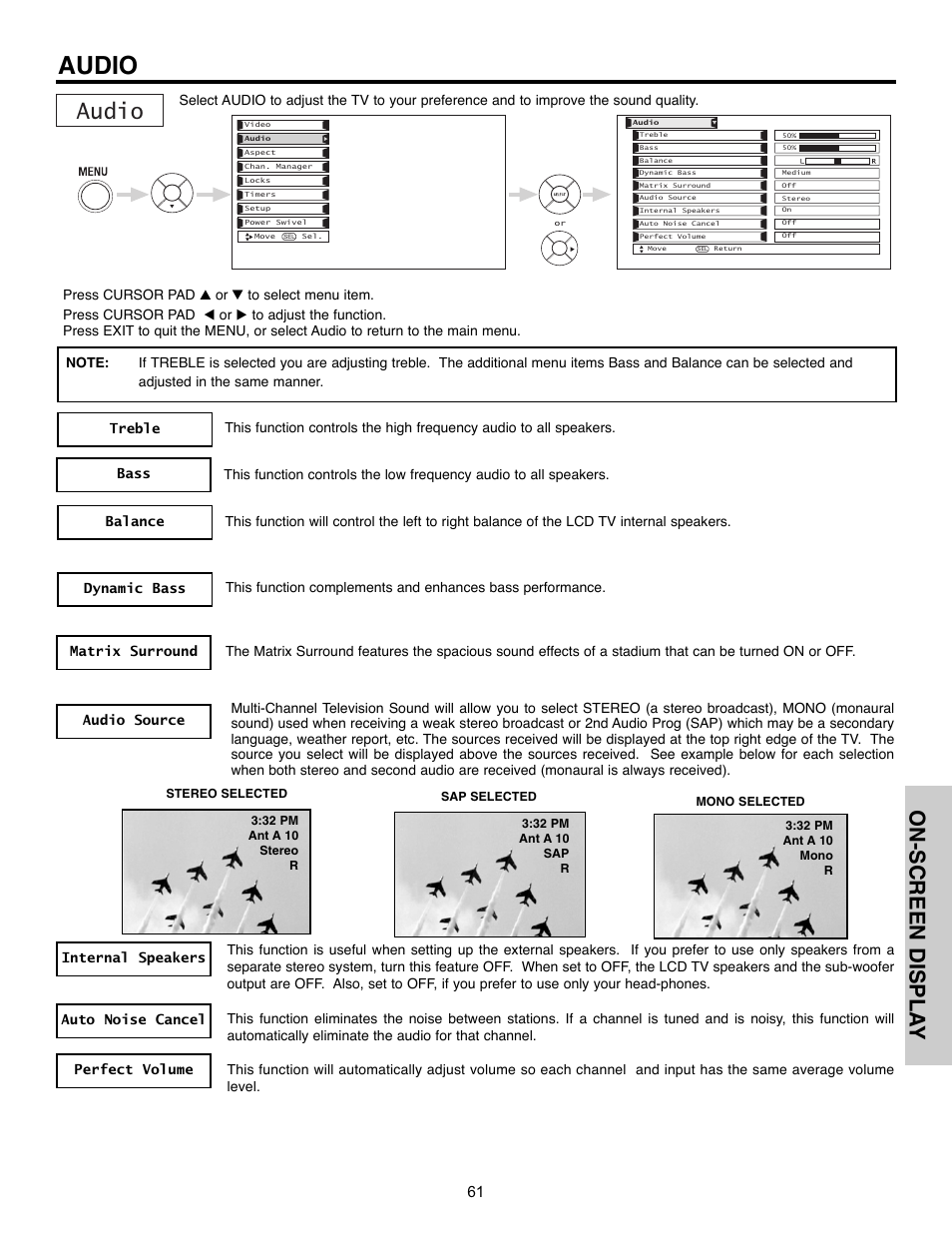 Audio, On-screen displa y | Hitachi 32HLX61 User Manual | Page 61 / 104