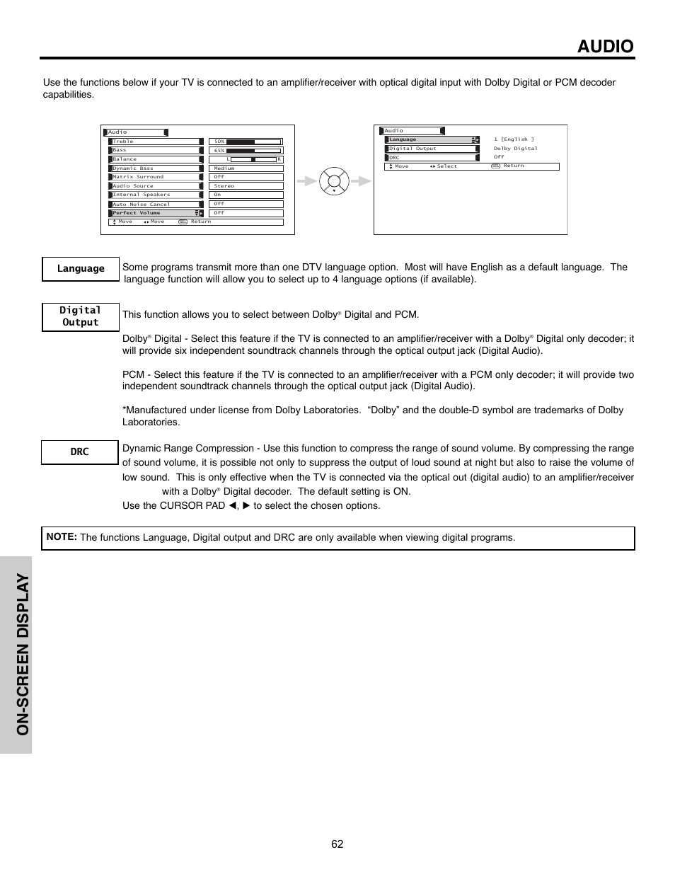 Audio, On-screen displa y, Digital and pcm. dolby | Hitachi 32HLX61 User Manual | Page 62 / 104