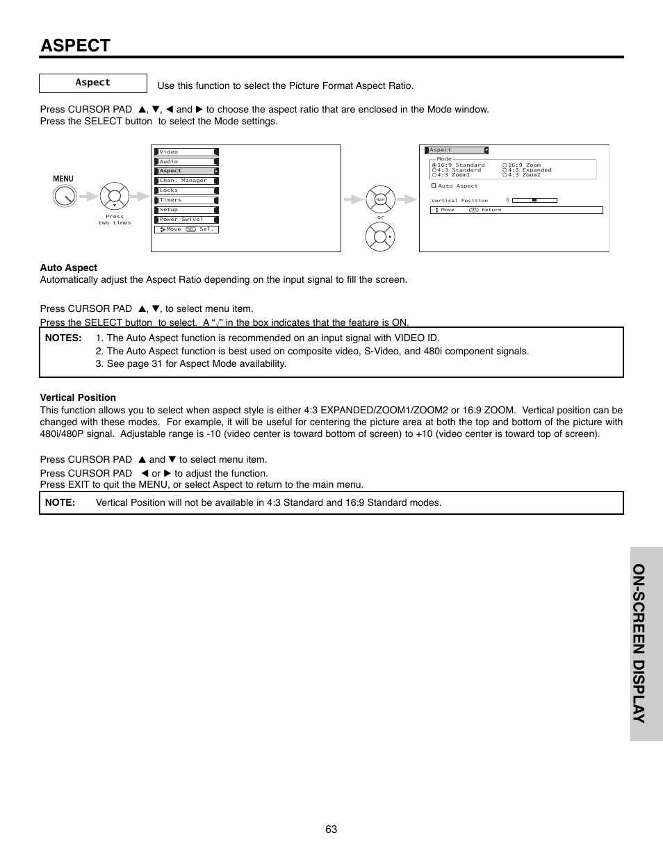 Aspect, On-screen displa y | Hitachi 32HLX61 User Manual | Page 63 / 104
