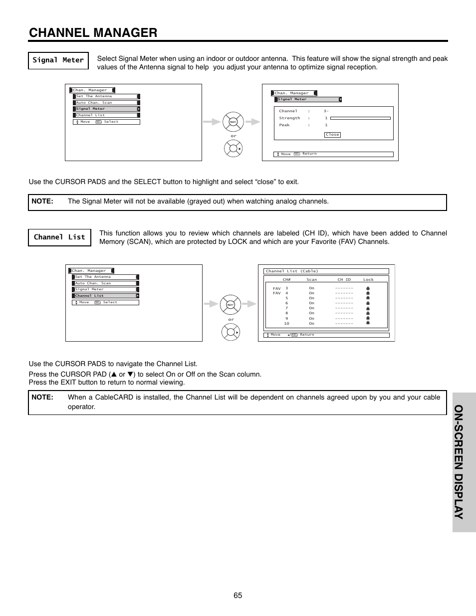 Channel manager, On-screen displa y | Hitachi 32HLX61 User Manual | Page 65 / 104