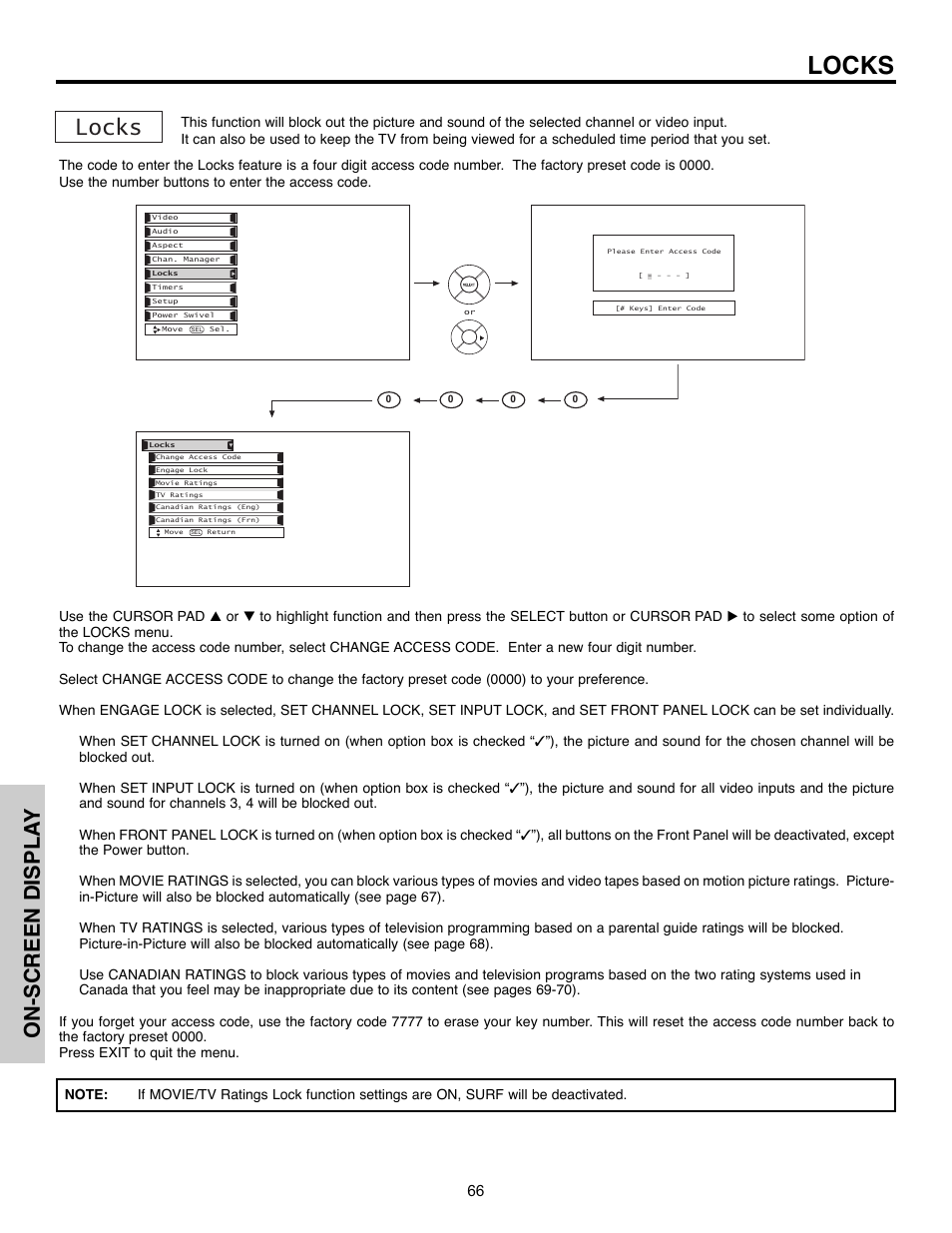 Locks, On-screen displa y | Hitachi 32HLX61 User Manual | Page 66 / 104