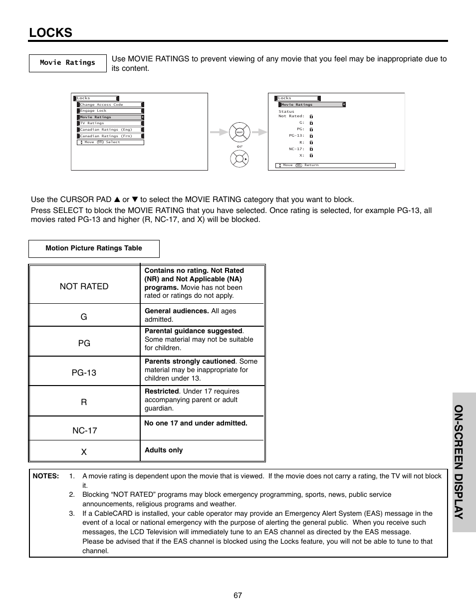 Locks, On-screen displa y, Gpg pg-13 r nc-17 x not rated | Hitachi 32HLX61 User Manual | Page 67 / 104