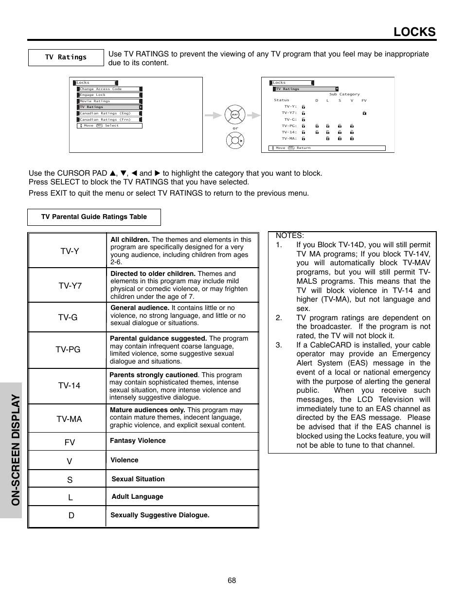Locks, On-screen displa y, Tv-y tv-y7 tv-g tv-pg tv-14 tv-ma | Hitachi 32HLX61 User Manual | Page 68 / 104