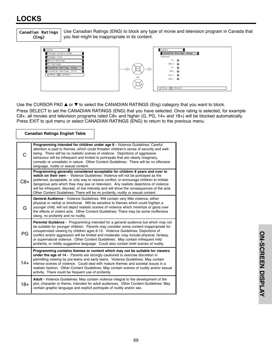 Locks, On-screen displa y | Hitachi 32HLX61 User Manual | Page 69 / 104