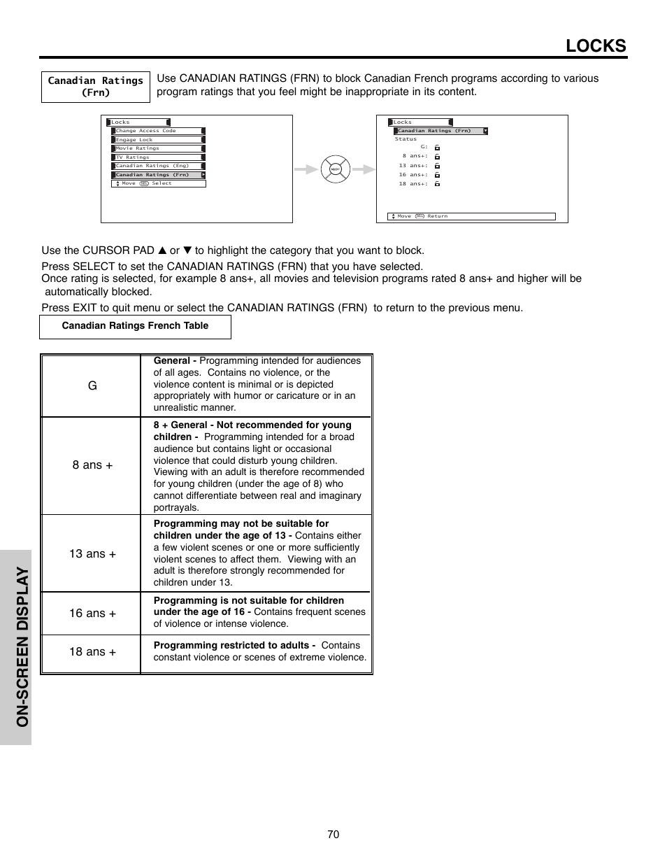 Locks, On-screen displa y | Hitachi 32HLX61 User Manual | Page 70 / 104