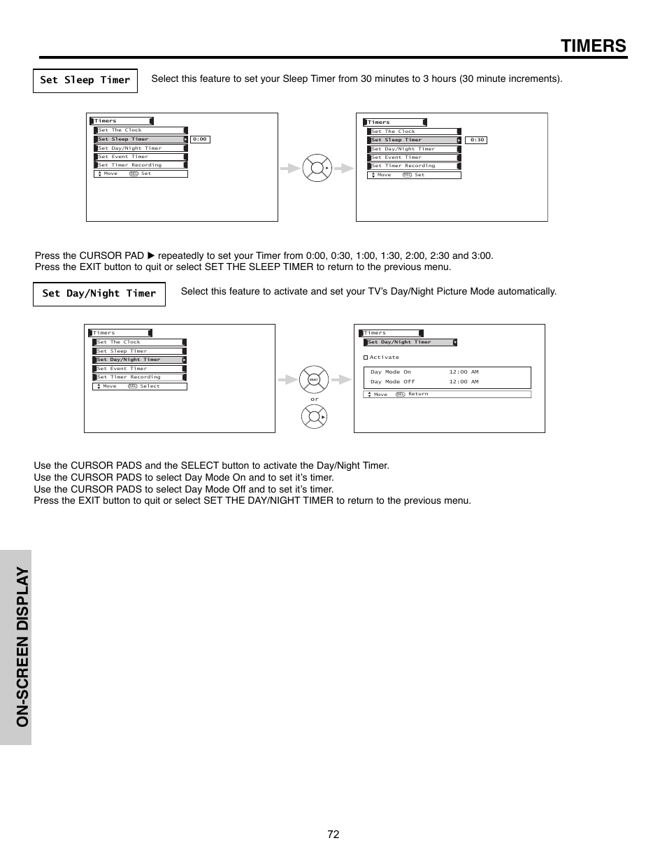 Timers, On-screen displa y | Hitachi 32HLX61 User Manual | Page 72 / 104