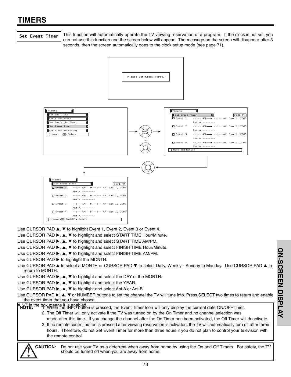 Timers, On-screen displa y | Hitachi 32HLX61 User Manual | Page 73 / 104