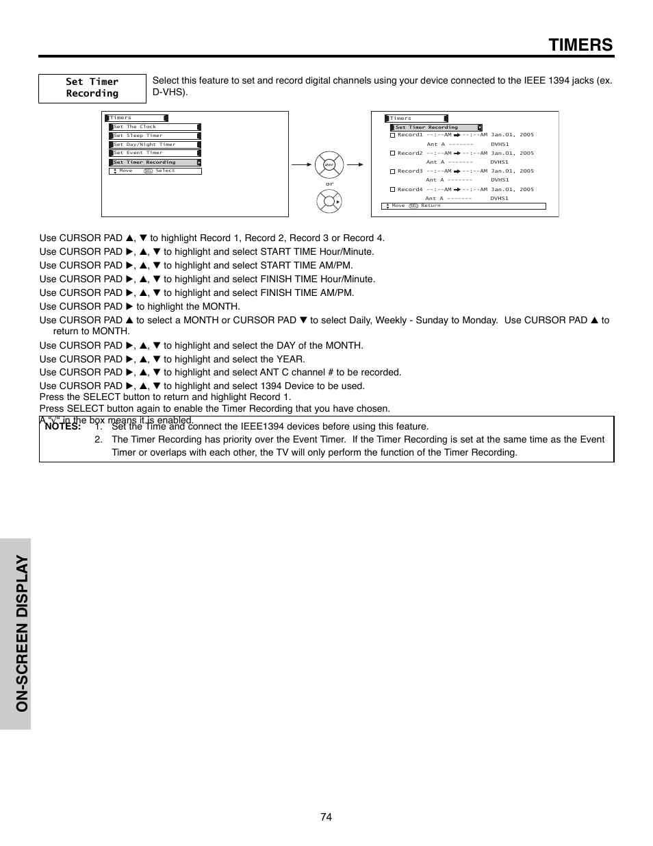 Timers, On-screen displa y | Hitachi 32HLX61 User Manual | Page 74 / 104