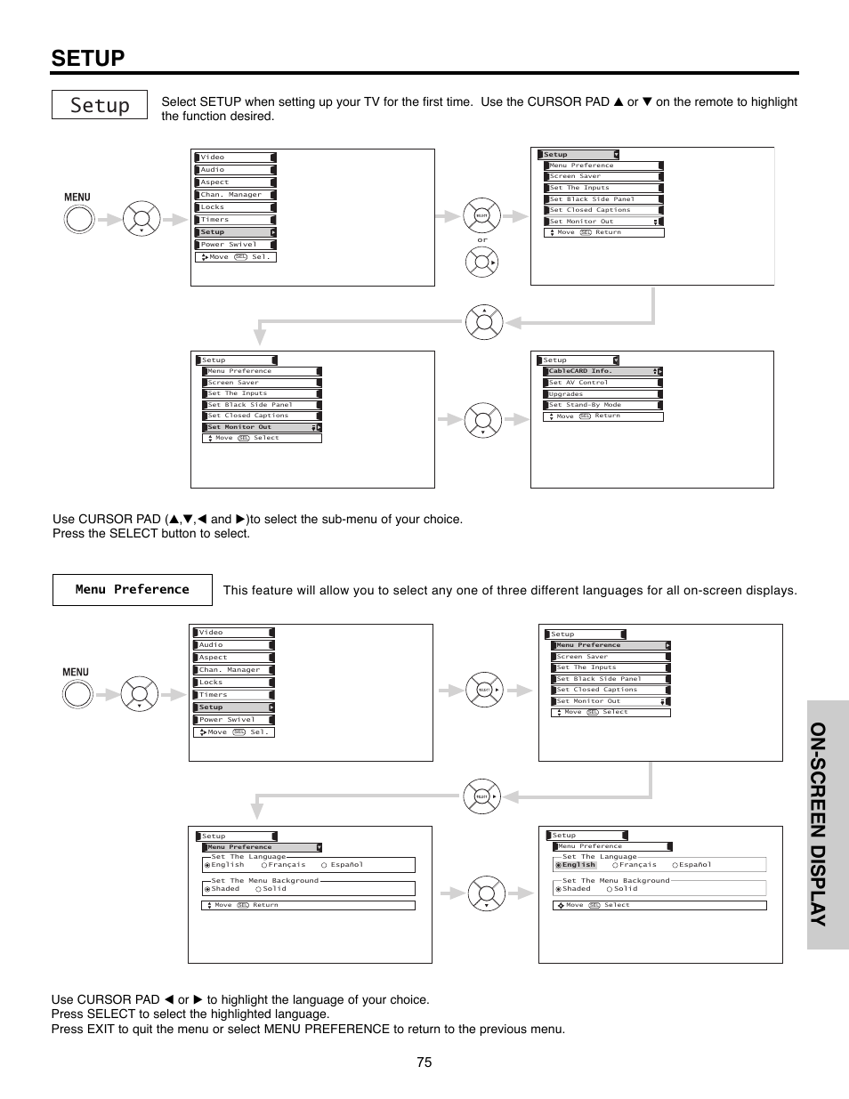 Setup, On-screen displa y | Hitachi 32HLX61 User Manual | Page 75 / 104