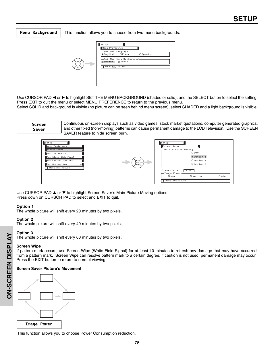 Setup, On-screen displa y | Hitachi 32HLX61 User Manual | Page 76 / 104