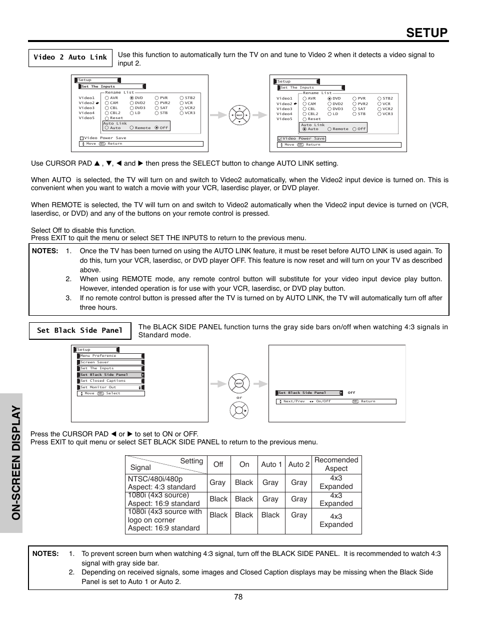 Setup, On-screen displa y | Hitachi 32HLX61 User Manual | Page 78 / 104