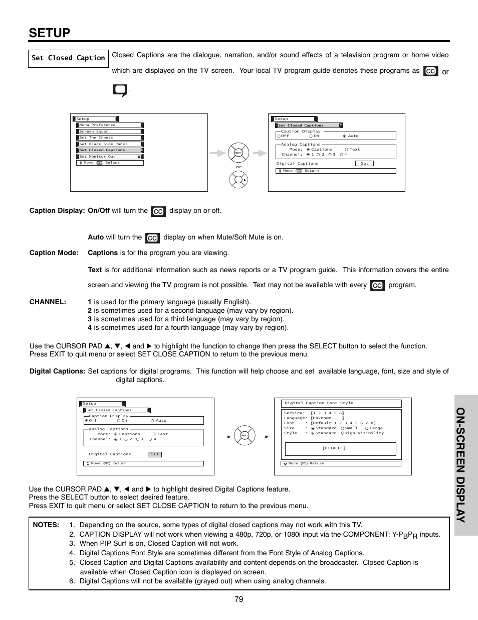 Setup, On-screen displa y, Set closed caption | Hitachi 32HLX61 User Manual | Page 79 / 104