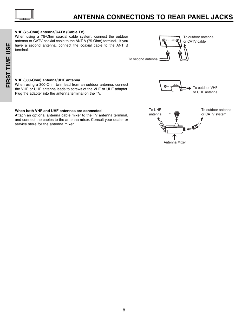 Antenna connections to rear panel jacks, First time use | Hitachi 32HLX61 User Manual | Page 8 / 104