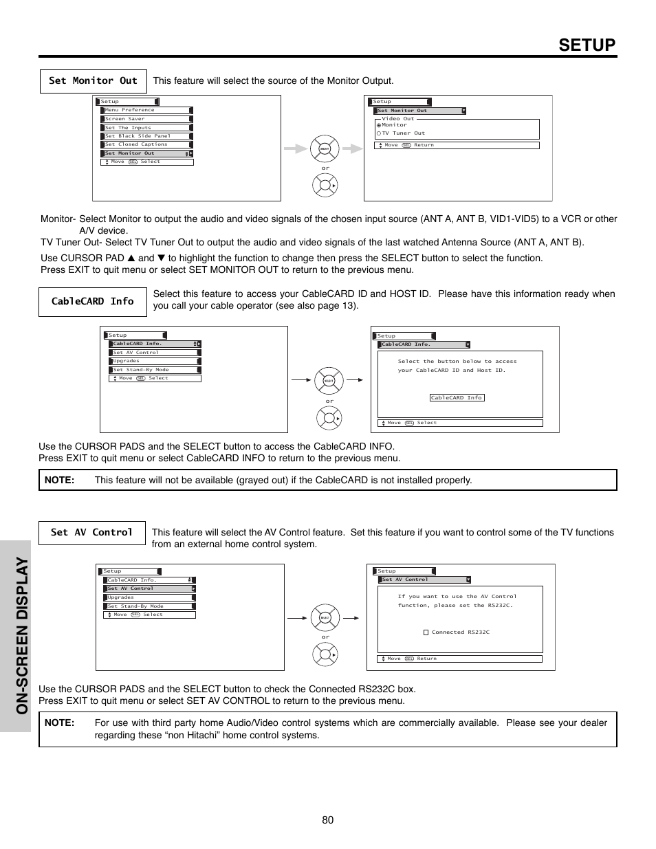Setup, On-screen displa y | Hitachi 32HLX61 User Manual | Page 80 / 104