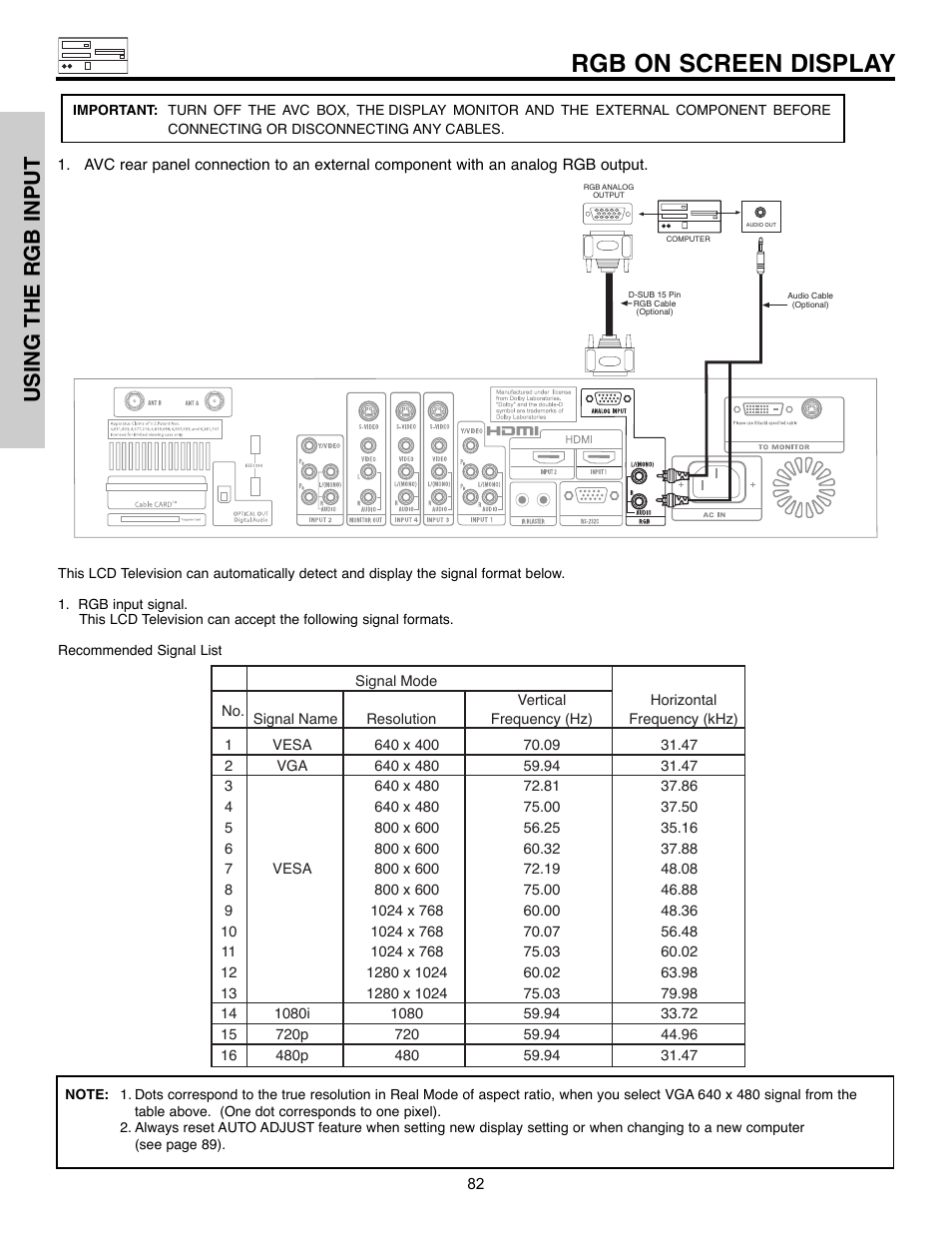Rgb on screen display, Using the rgb input | Hitachi 32HLX61 User Manual | Page 82 / 104