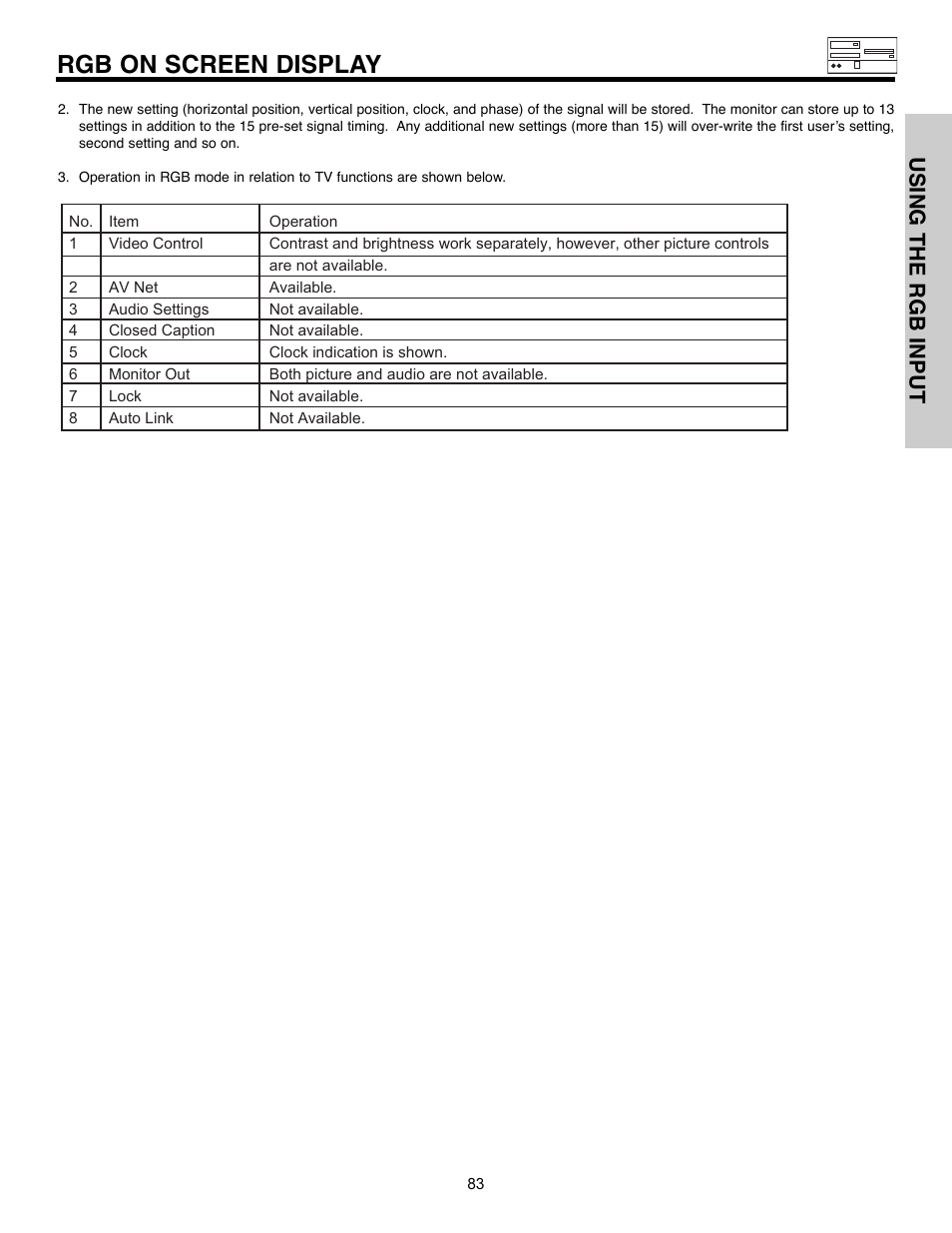 Rgb on screen display, Using the rgb input | Hitachi 32HLX61 User Manual | Page 83 / 104